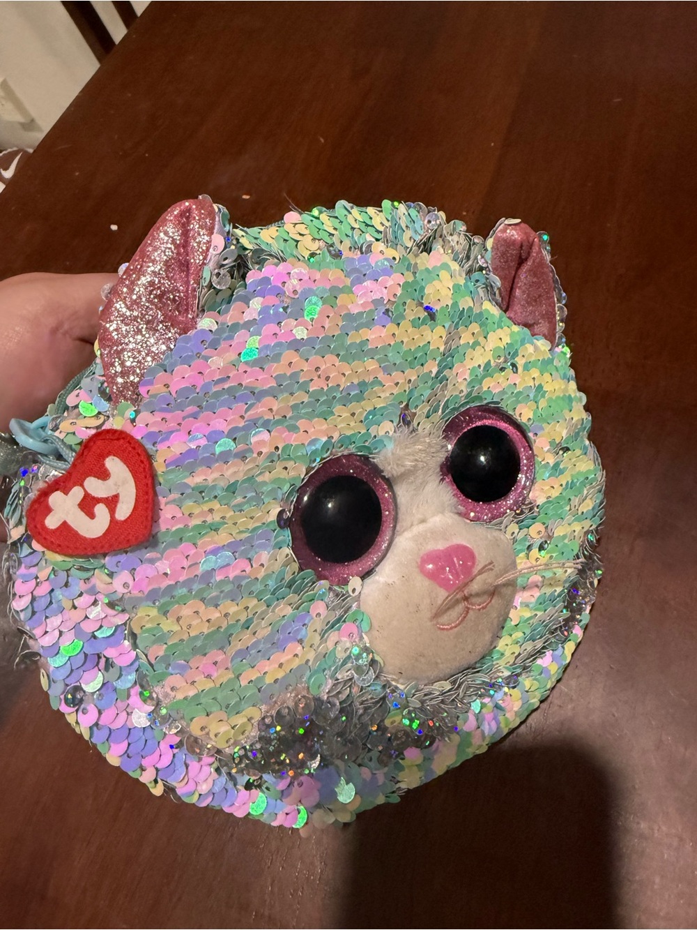 Ty Sequin Cat Coin Purse in Iridescent Aqua and Pink